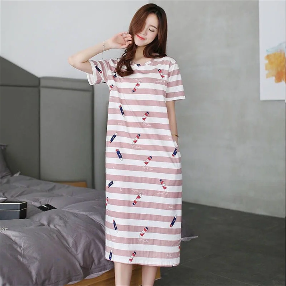 

Summer Women Cute Cartoon Sleepwear Nightgowns Dressing Gown Nightdress Polyester Nighty Sleepshirt Plus Size Pijamas Pyjama