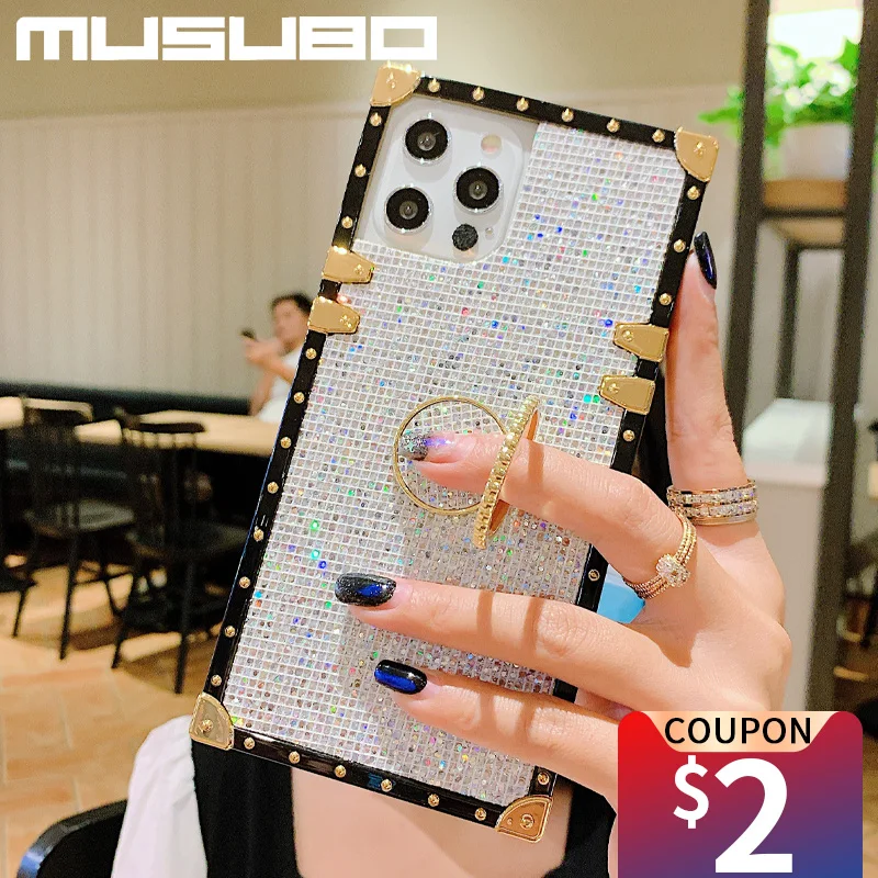 

Musubo Coque Shining Bling Case For iPhone 13 11 12 Pro Max Mini XS MAX XR X 6 7 8 PLUS SE2 Square Silicone Protector Soft Cover
