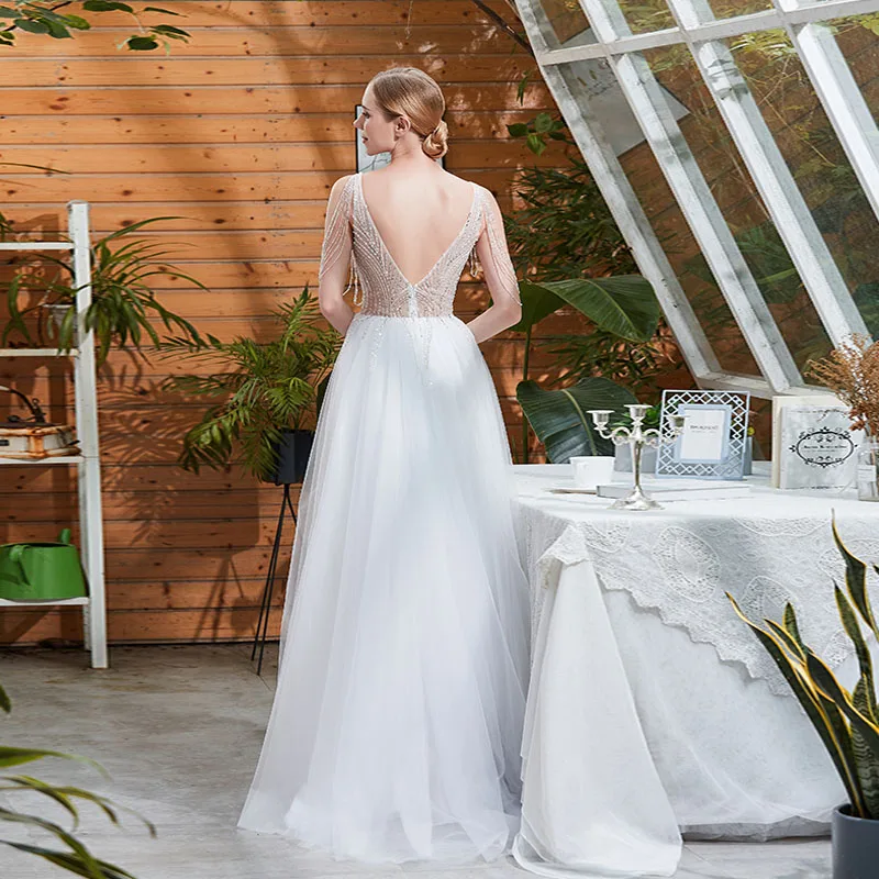 

Sexy White Beaded Long Prom Dresses Women Party V Neck Sequin Tulle Backless Maxi Gown Floor Length Vestidos