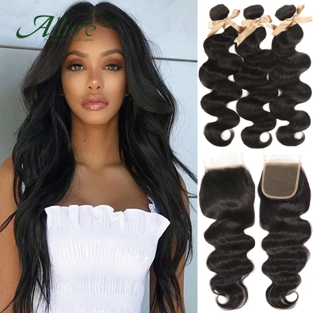 Волнистые черные пряди с закрытием Remy перуанские человеческие волосы плетение 3