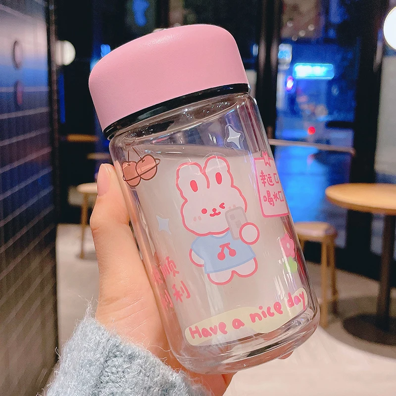 

300ml Cute Glass Water Bottle With Tea Infuser Sticker Kawaii Double Wall Insulated Juice Milk Tea Coffee Drink Bottle Cups Gift