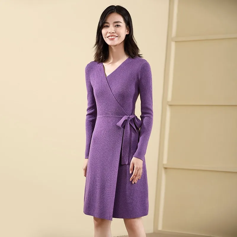 

Womens European American Autumn Slim Belt Sweater Dress Female Designer Fashion Solid Purple V-Neck Sweaters Long Wool Clothes