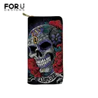 Черные кошельки FORUDESIGNS для женщин, Длинный кошелек из искусственной кожи в стиле панк, Женский кошелек с 3D-принтом черепа, брендовый кошелек для банковских карт, кошелек