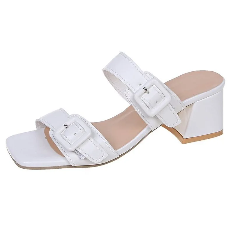 

2021 summer new thick heel sandals female word buckle belt sandals and slippers open toe simple high heels large size 43 44 45