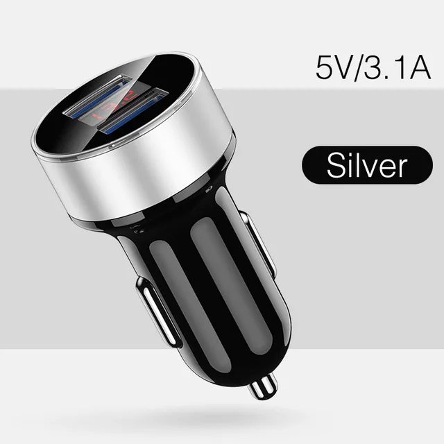 ROCK USB Автомобильное зарядное устройство 3.4A светодиодный цифровой дисплей Металлический Двойной Универсальный USB быстрая зарядка автомобильное зарядное устройство адаптер для iPhone 7 8 X XR MAX - Тип штекера: Silver LED 3.1A