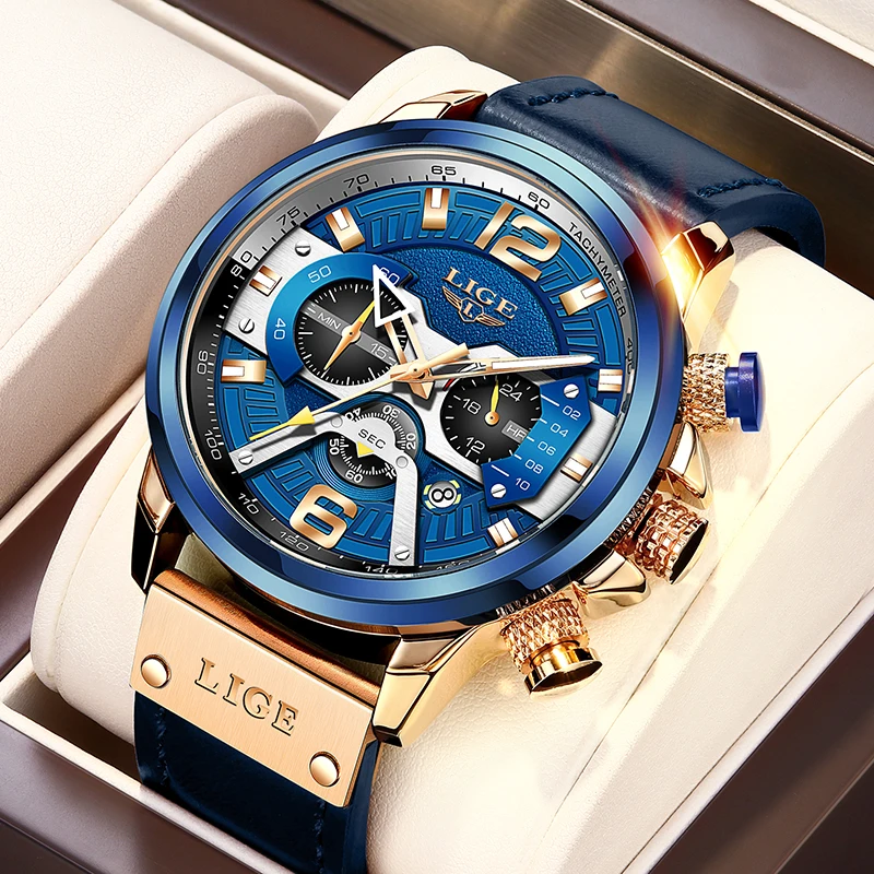 Часы наручные LIGE Мужские кварцевые с хронографом и кожаным ремешком | Наручные