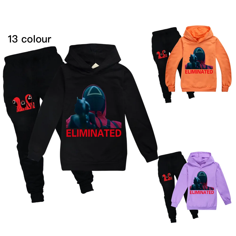 

2-16Years Kids Boys Clothes Squid Game Print Sets 2Pcs Long Sleeve Hoodies+Pants Suit Child Street Wear Outfits Cartoon Styles
