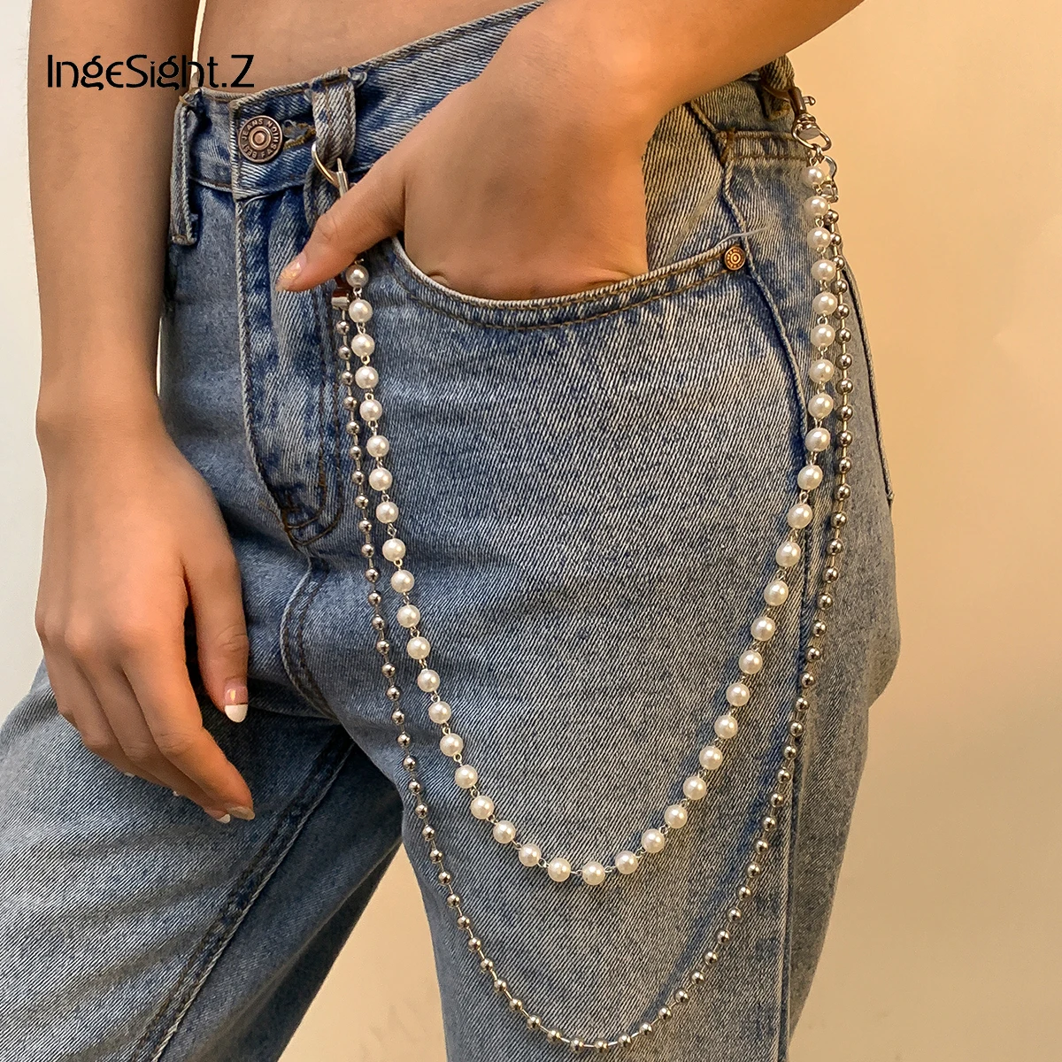 

IngeSight.Z Multi Layered Imitation Pearl Chain Belt Men Silver Color Thick Curb Cuban Key Chain Waist Pants Jewelry Accessories