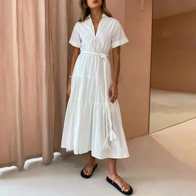GypsyLady White Vintage Midi Dresses for Women Sashe Summer Autumn Dress Tiered Button Front Chic Holiday Ladies Woman Dresses