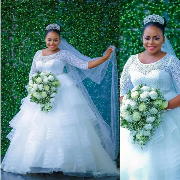 

nigeria style tiered wedding dresses 2021 summer lace long sleeves plus size bridal gowns tulle ball gown african wedding dresse