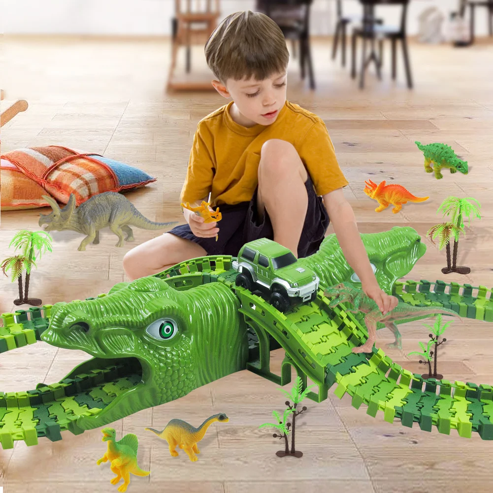 

Race 153Pcs New Cool Dinosaur Track Road Railway Magical Racing Track Set Toy Bend Flexible Diecast Vehicle Toys for children