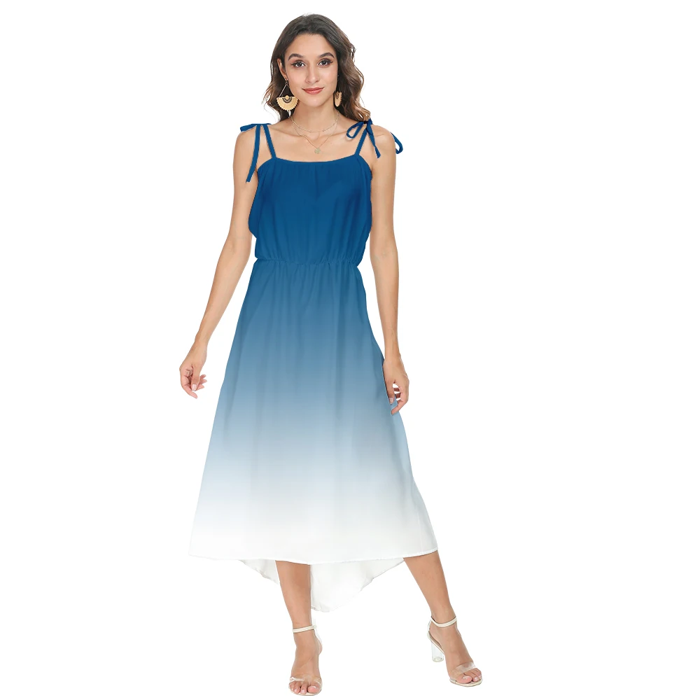 

New two-color gradient 3D digital printing summer slim mid-length dress suspender dress