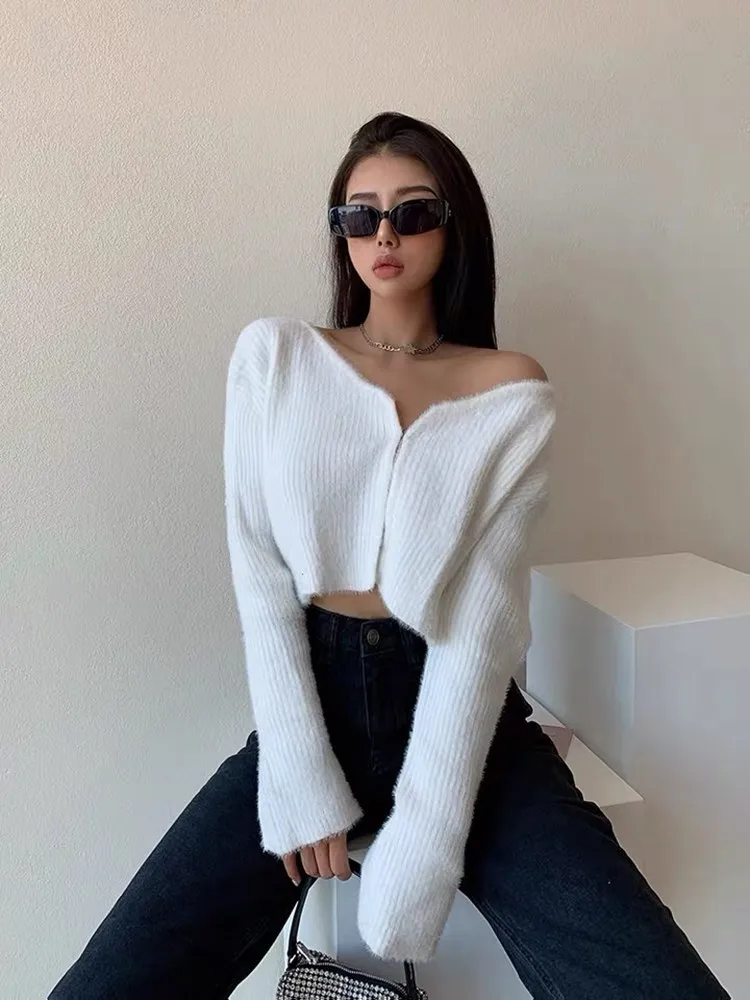 Осенний модный вязаный кардиган из мохера Женский однобортный сексуальный