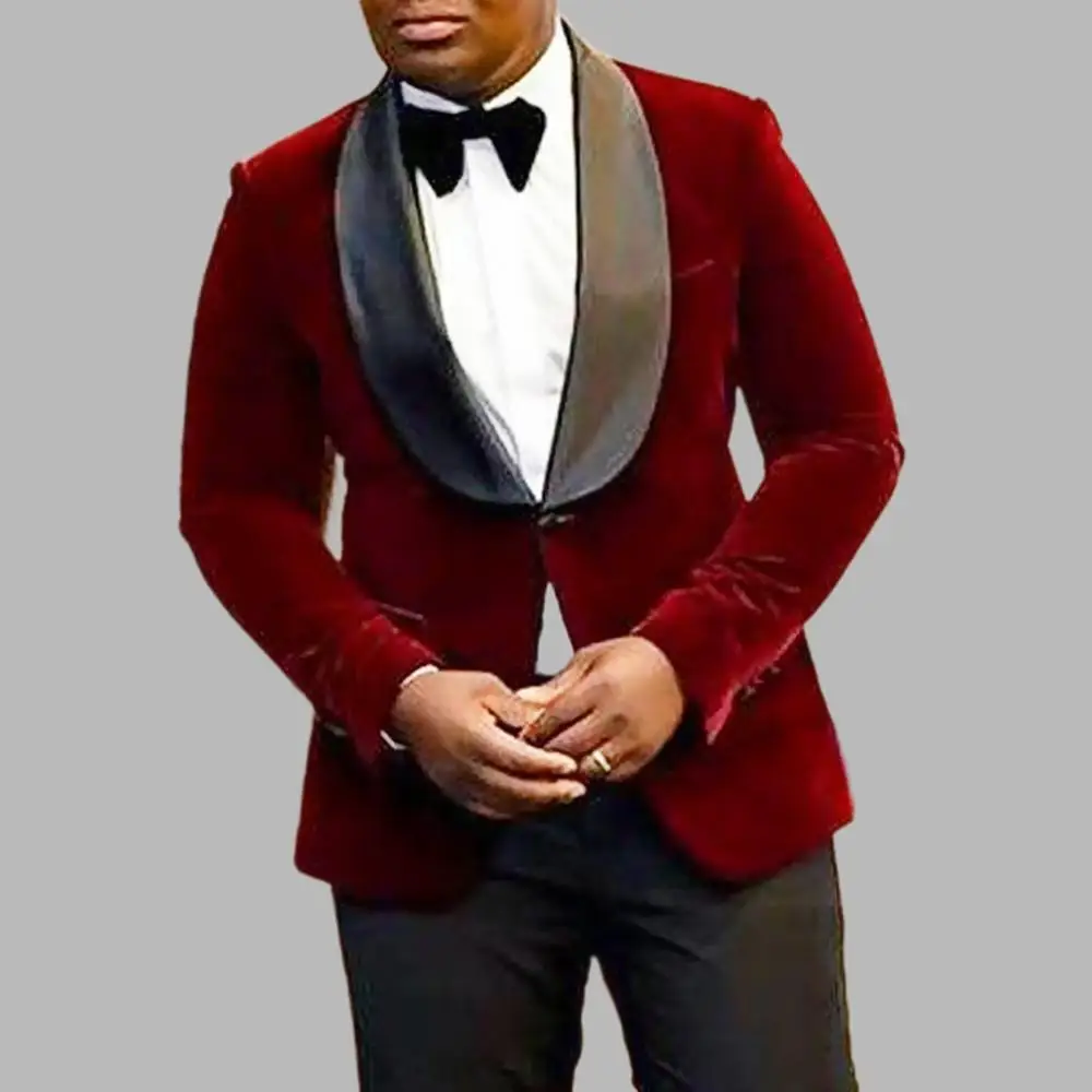 Цельный пиджак бордовые бархатные Мужские костюмы для свадьбы смокинги жениха