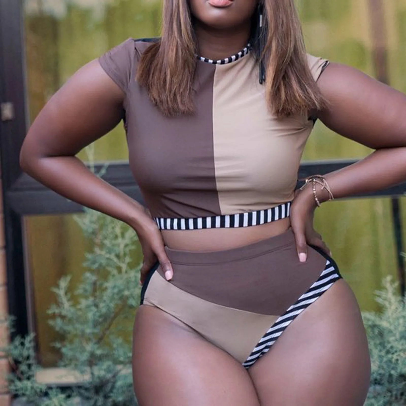 

XL-4XL 2021 Multicolor Women's Fashion Stripe Printing Stitching High Waist Split Large Size Swimsuit costume donna Camisoles F4