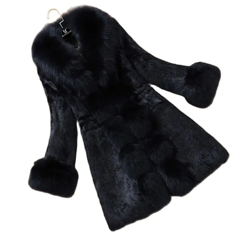 Женское зимнее меховое пальто с воротником из лисьего меха черная женская