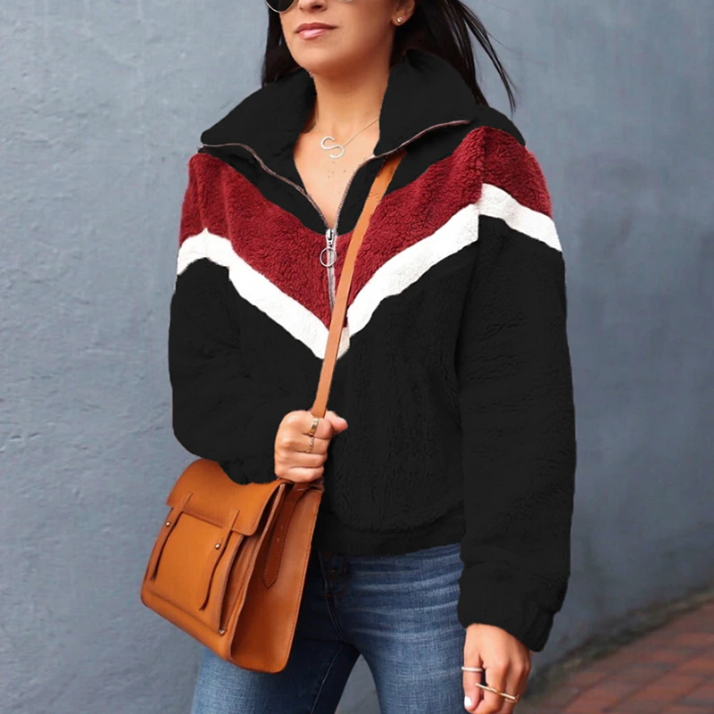 

2019 Women Autumn Winter Fashion Color Patchwork Zipper Pocket Plush Thick Warm Slim Streetwear Knitted Pullover Sweater SJ3949M