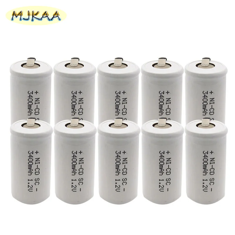 10 шт./лот Ni-CD SC 3400mAh серебро 1,2 V 4/5 Sub NiCd аккумуляторная батарея плоский верх с вкладками для электроинструментов медицинское оборудование