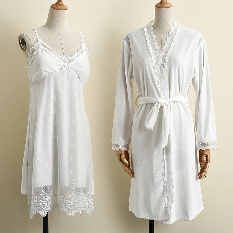 

Tulin Fashion Women White Velour Robe Lace Kimono Gown V-neck 2PCS Sleepwear Female Nightgown Velvet Nighty&Robe Set Home Wear