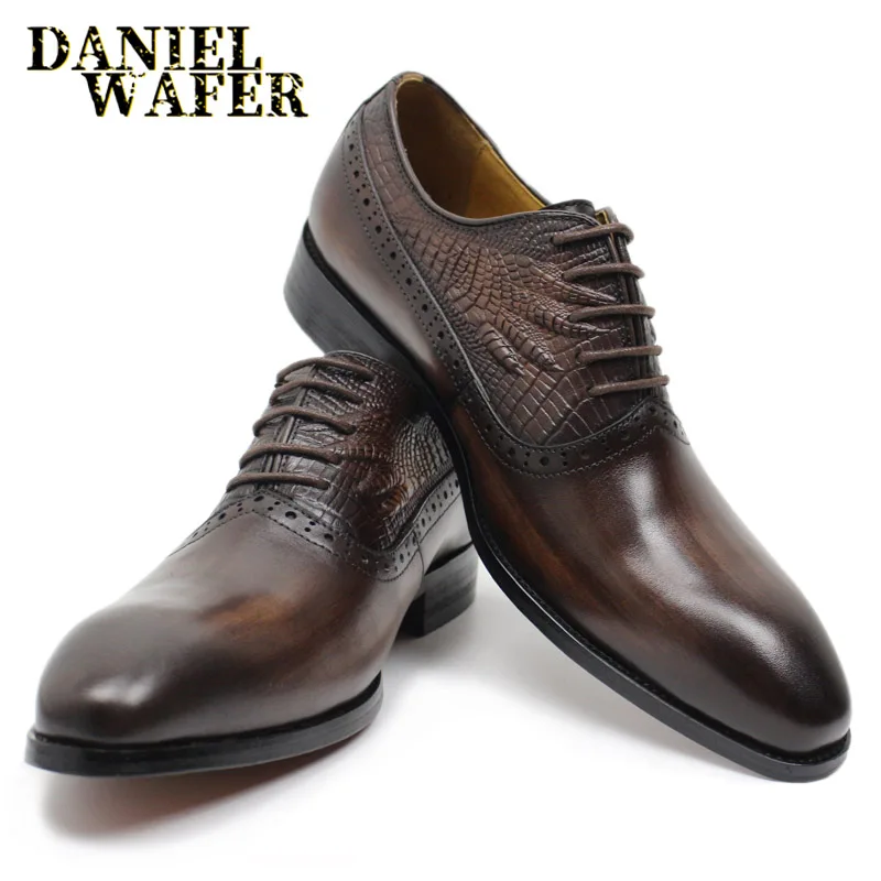 Мужские кожаные туфли с принтом крокодиловой кожи классические кофейного и