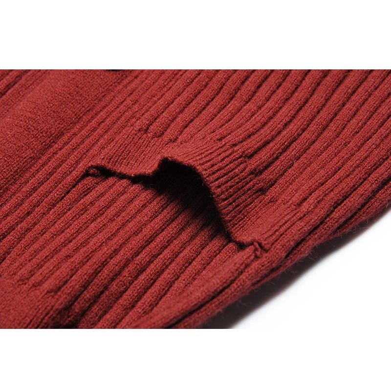 

SEQINYY Red Knitting Dress Autumn Spring New Fashion Design Women Flowers Pockets Elegant Split Sheath Belt Base Wear