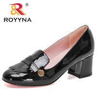 royyna 2021 new designers patent leather dress shoes women thick heels pumps buckle strap ladies shoes zapatos mujer comfortable