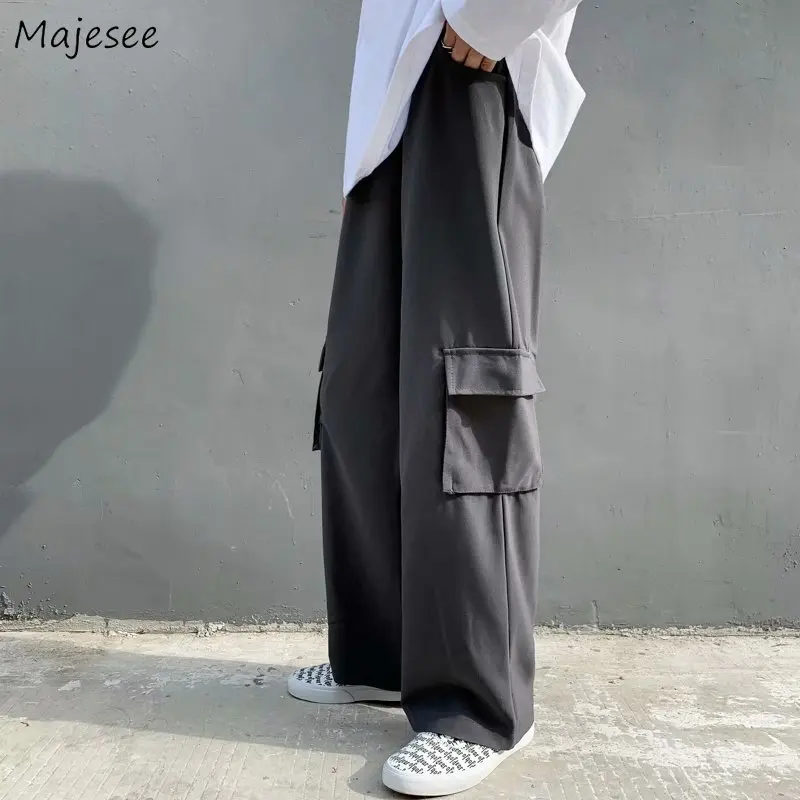 

Men Casual Pants Solid Black Gray Loose Long Trousers Wide Leg Safari Cargo Side Pockets Fashion High Street Students All-match