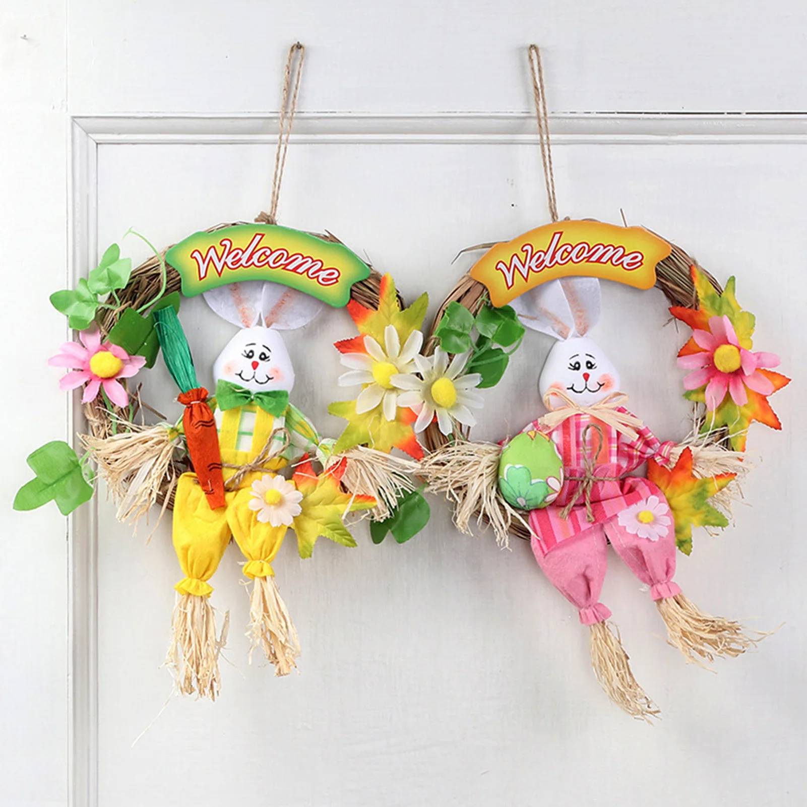 

Happy Easter Wreath Cute Colorful Straw Bunny Garland Door Hanging Wreath Garden Decor Party Easter Ornament