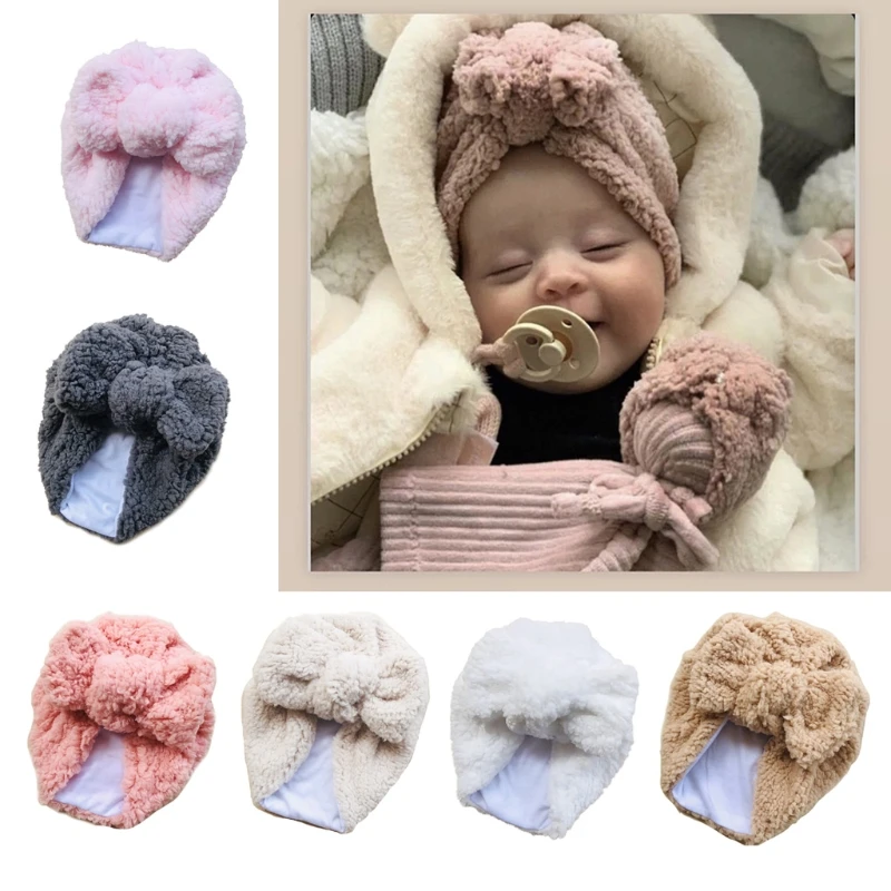

Solid Color Bow Knot Baby Indian Hat Turban Newborn Thick Winter Warmer Cap Beanies Headwraps for Infant Toddler Girls Boys