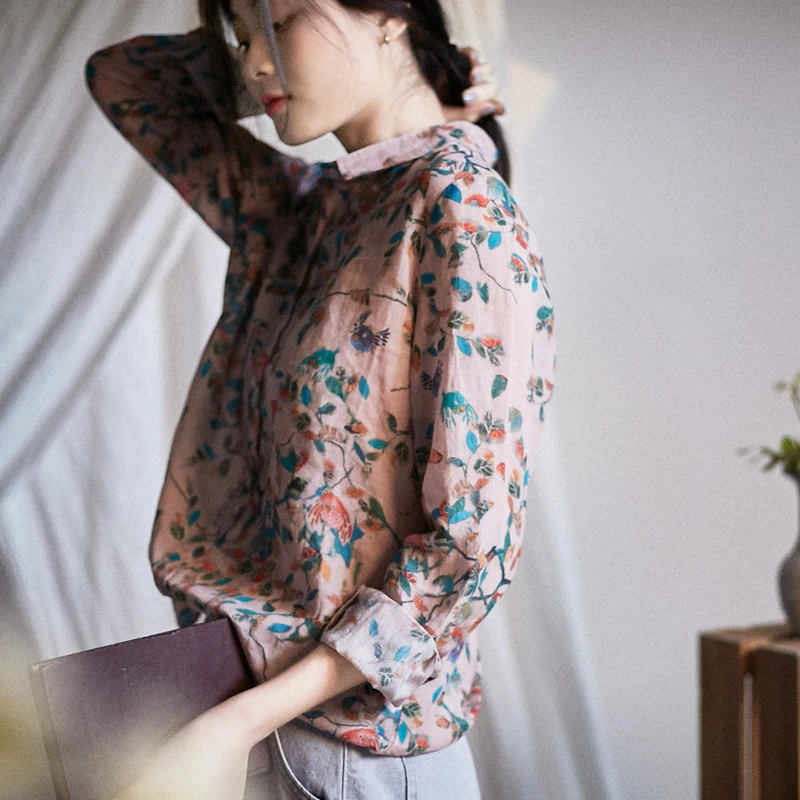

Женская Свободная блузка, винтажная тонкая легкая блузка из натуральной ткани с артистичным принтом, весна-лето