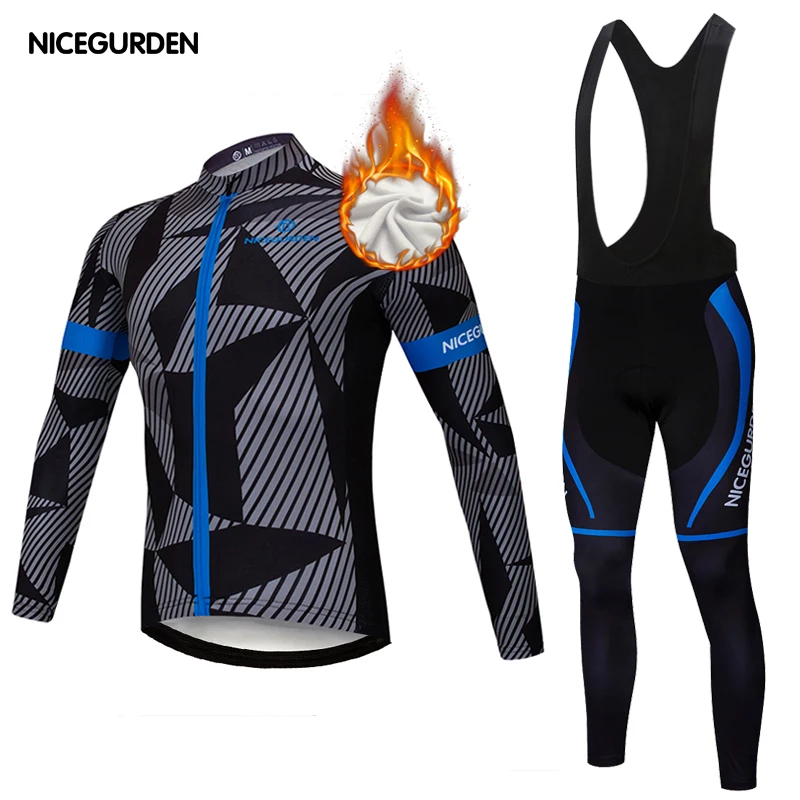 

Mountain bike long-sleeved cycling jersey, gel pad, bib trousers, autumn and winter plus velvet warm wool cycling jersey set