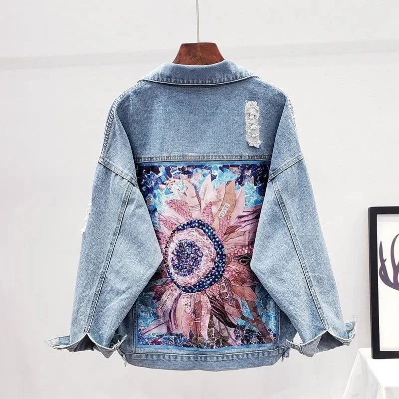 

Fashion 3D Flowers Plus Size Denim Jackets For Women 2021 Trend Diamond Ripped Jean Coat Casual Loose Long Sleeve Outwears