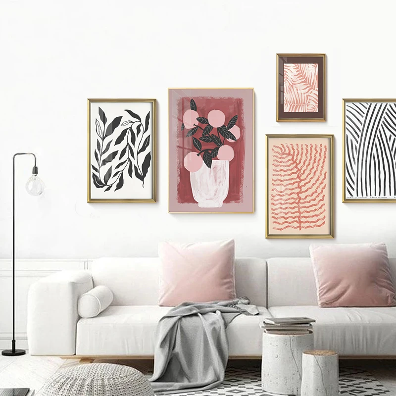 

Abstract Stripe Pink Leaves Vase Flower Poster Wall Art Picture Canvas Painting Print For Living Room Bedroom Modern Home Decor
