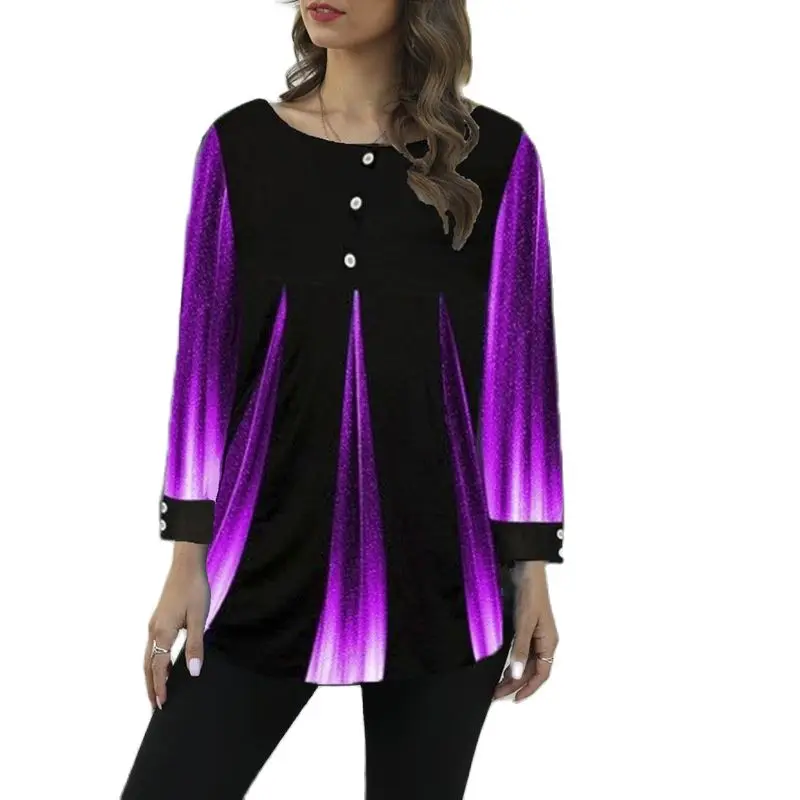 

S-5XL Autumn Hot Style Women's T-shirt Street Trend Round Neck Gradient Printing Loose Women's T-shirt Casual Nine-point Sleeves