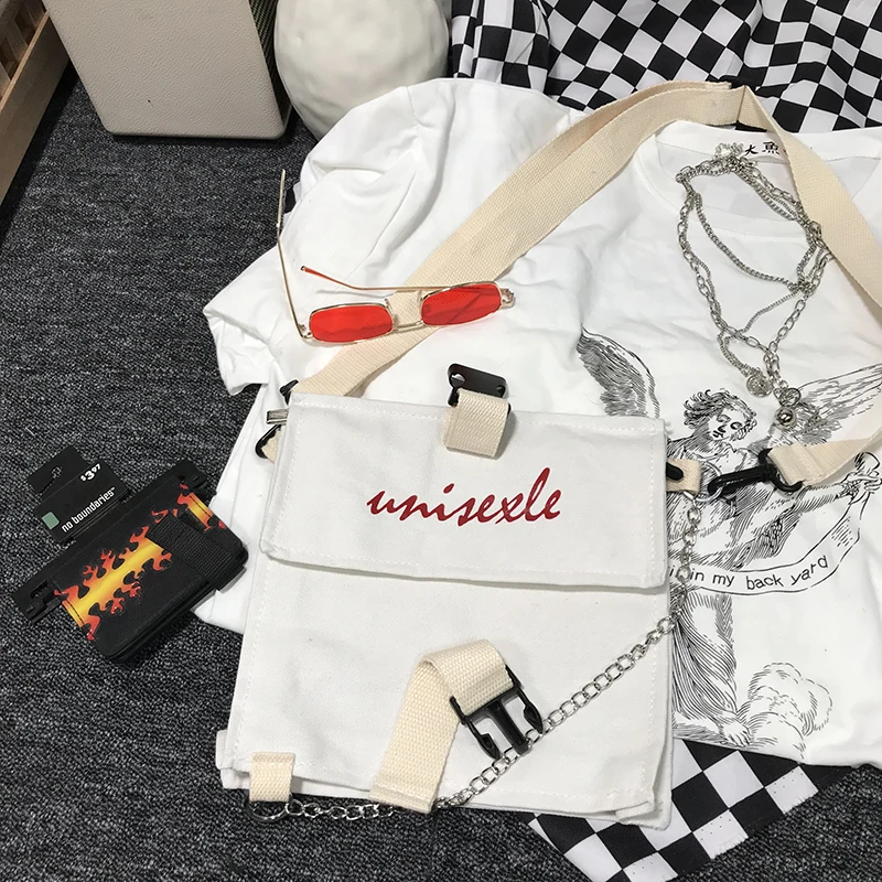 Летняя новинка, ulzzang, Harajuku, уличная, хип-хоп, на цепочке, Холщовая Сумка, женская, модная, простая, на молнии, повседневная, женская сумка-мессенджер