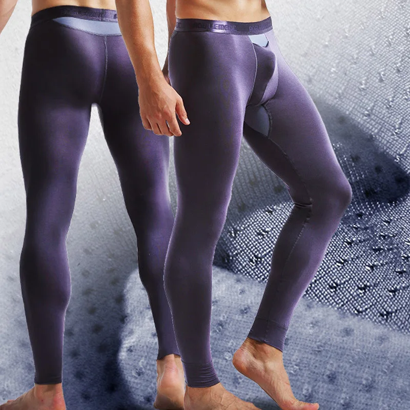 Men Autumn Winter Long Johns Men Thermal Underwear Set Man Sexy Ice Silk Mesh Hollow Penis Pocket Leggings+Tops Suit Male Lounge