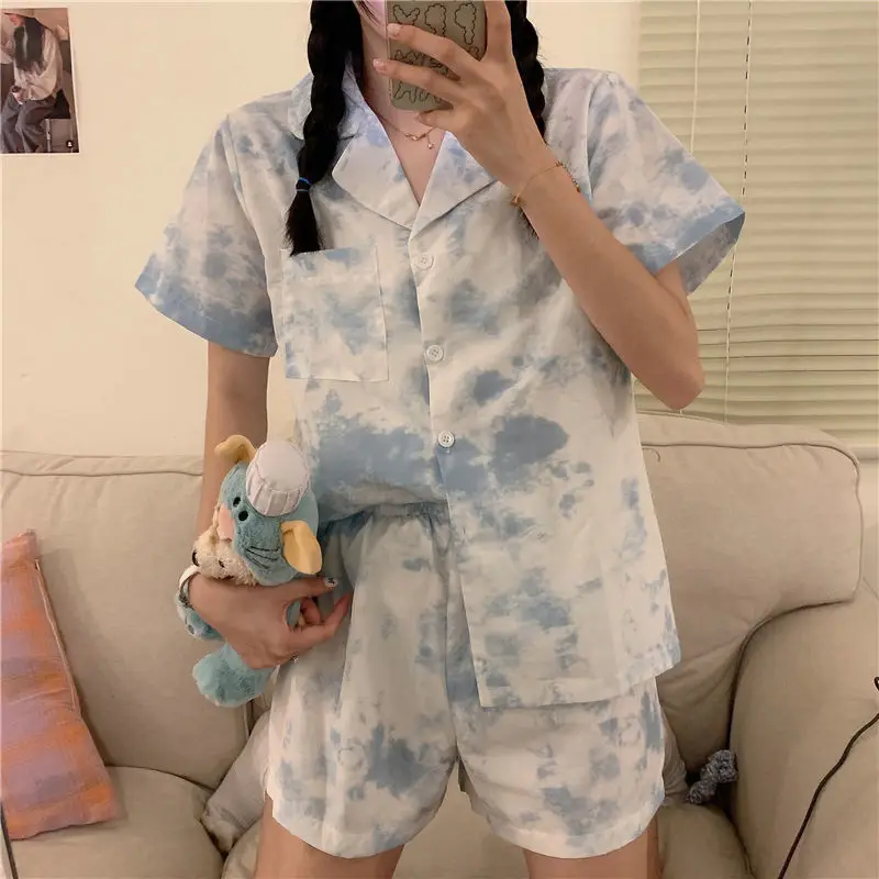 

Women Pajama Sets Short Sleeve Striped Fashion Loose Casual Cotton Cozy Turn-down Collar Single Breasted Lovely Ulzzang Teens