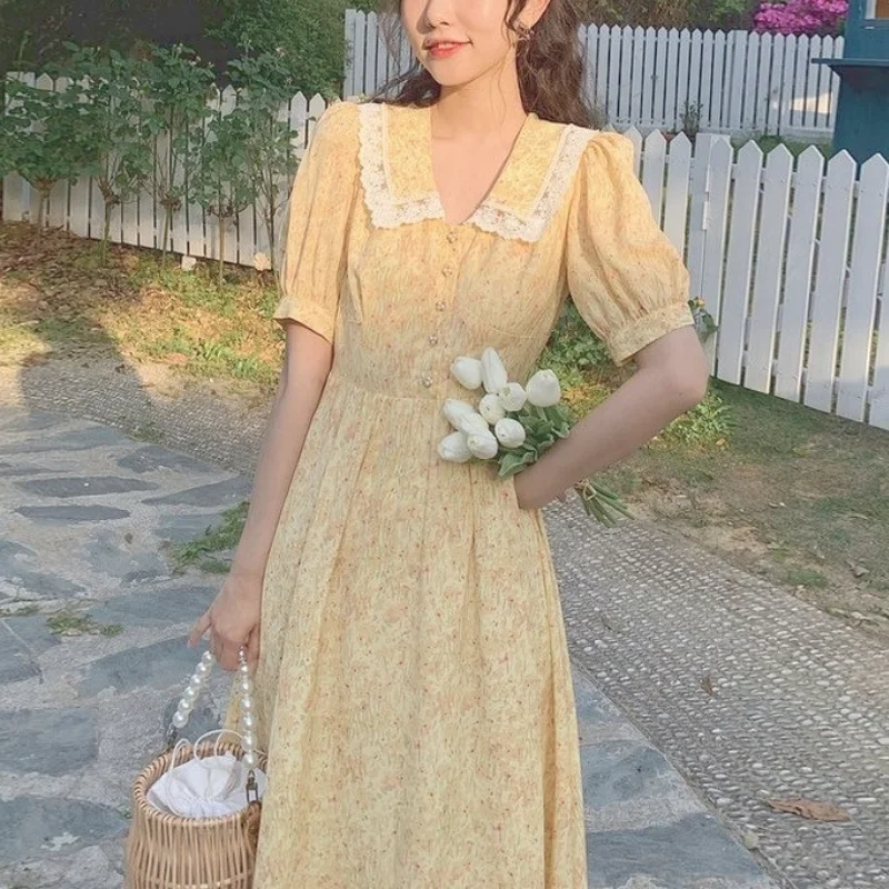 

2021 Summer Vintage Floral Dress Women Korean Elegant Sweet Cute Print Midi Dresses V-neck Lace French Holiday Cottagecore Dress