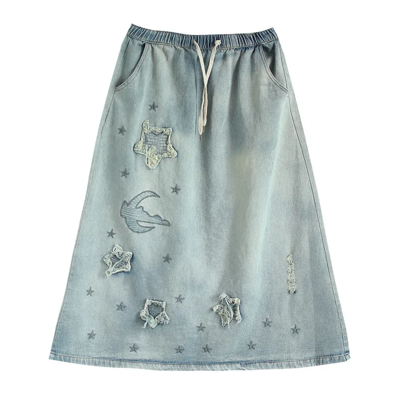 

Женская джинсовая юбка, Весенняя Повседневная Длинная джинсовая юбка с эластичной завышенной талией, с мультяшной вышивкой, большого разме...