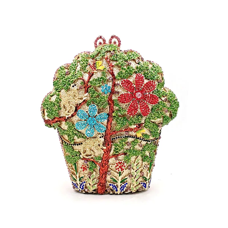 Women evening party animal monkey diamonds clutches tress shape luxury clutch bridal wedding jungle flower crystal purses | Багаж и сумки