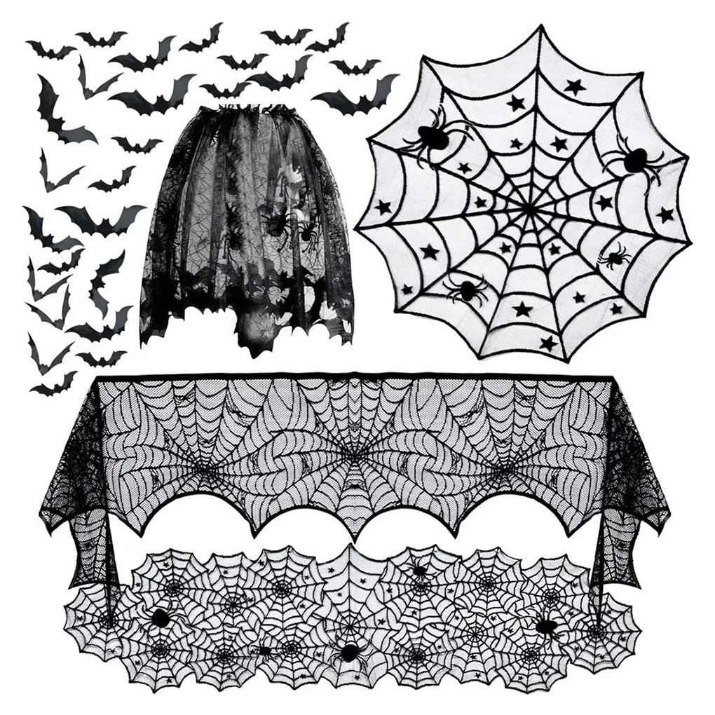 

Halloween Decor Lace Spider Fireplace Mantel Scarf Halloween Decoration For Home Event Table Cover Party Supplies Tablecloth