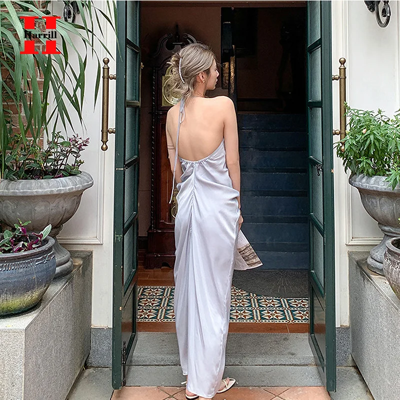 

White Dress Women Clothes Sexy Backless Halter Dresses Ladies Ankle-Length Vestidos A-Line Solid Color Dress Summer Female