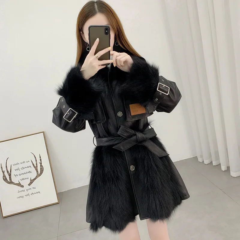 Luxury Real Fox Fur Sheepskin Coat Ladies Women's Patchwork Genuine Leather Short Jacket for Autumn Winter Warm Outwear 2021