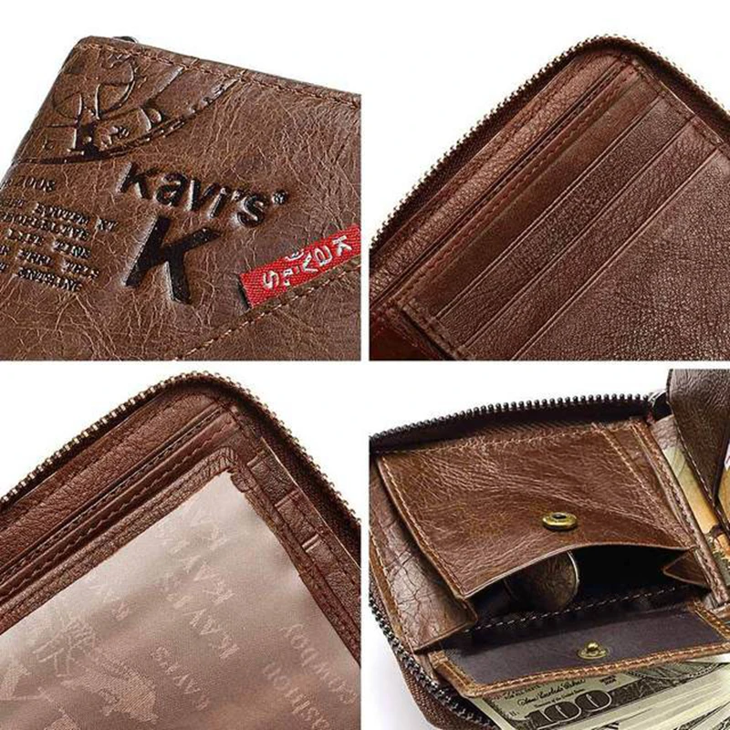 

Men's Genuine Leather Wallet Vintage Coffee Zipper Short Wallets Multi Function Male Fashion Soft Coin Purse Card Holder Retro