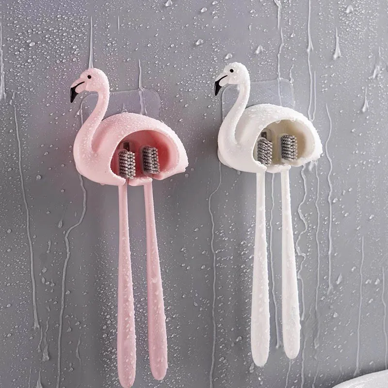 

Toothbrush Holder Sucker Flamingo Shaped Bathroom Accessories 2 Position 1Pcs Cute Wall Mount Toothbrush Rack Organizer
