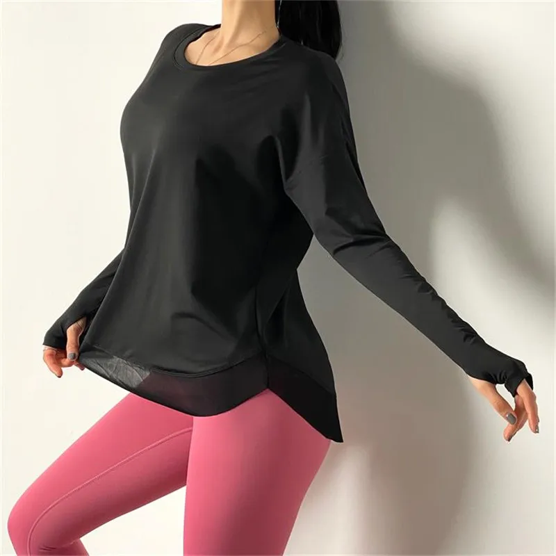 

Women Long Sleeve Yoga Shirt Fitness Loose 2021 Gym Workout Slim Quick Dry Thumb Holes Mesh Running Dry Fit Sport Top