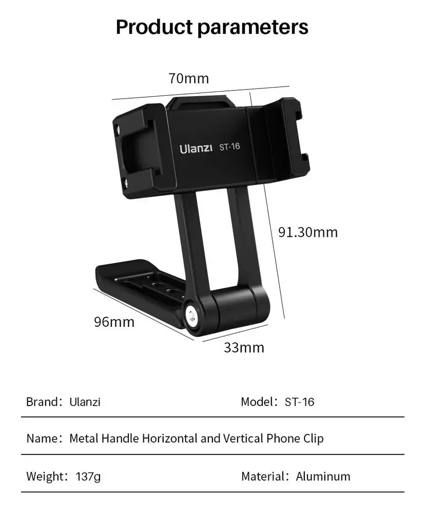 

Metal Phone Mount Horizontal and Vertical Shooting Clamp Phone Holder With Cold Shoe Extend Fill Light Mic Vlog For Ulanzi