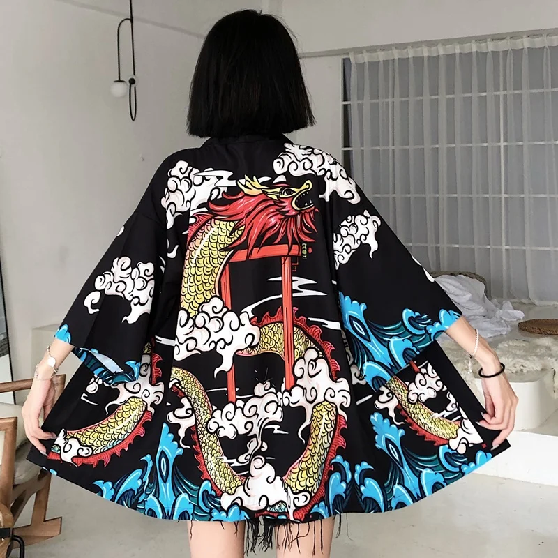 

Japanese Kimono Traditional Clothing Dragon Print Anime Kimono Dress Shirts Women Samurai Haori Yukata Man Cardigan Shirt FF3423