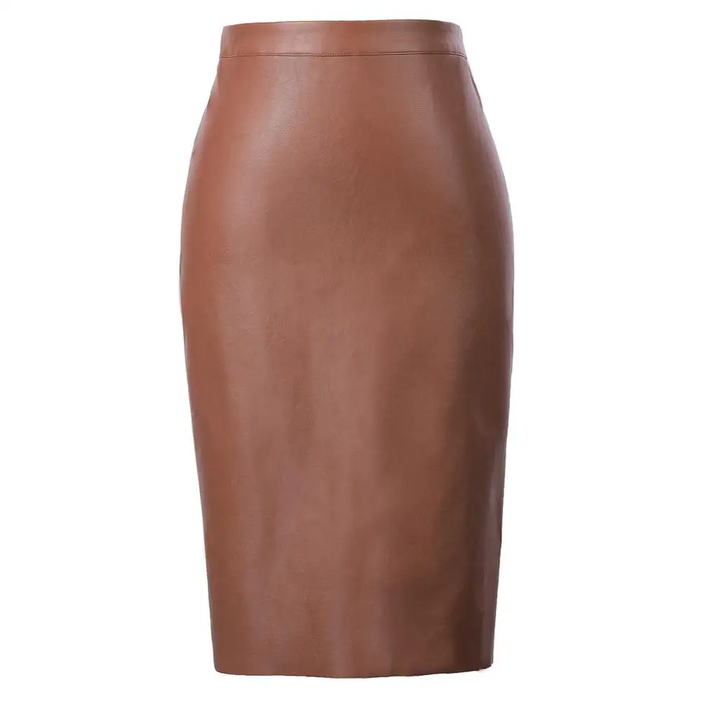 KK000601 Brown Grace Karin, Женская юбка из искусственной кожи, красный/черный цвет, кожа юбка с высокой талией, асимметричные юбки, Офисная юбка-карандаш, длина до колена,облегающая юбка миди - Цвет: KK000601 Brown
