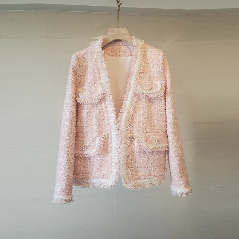 

Runway Fall Winter French Small Fragrance Wool Tweed Women's Clothing Sweet Elegant V-Neck Coats Outerwear Suit Female